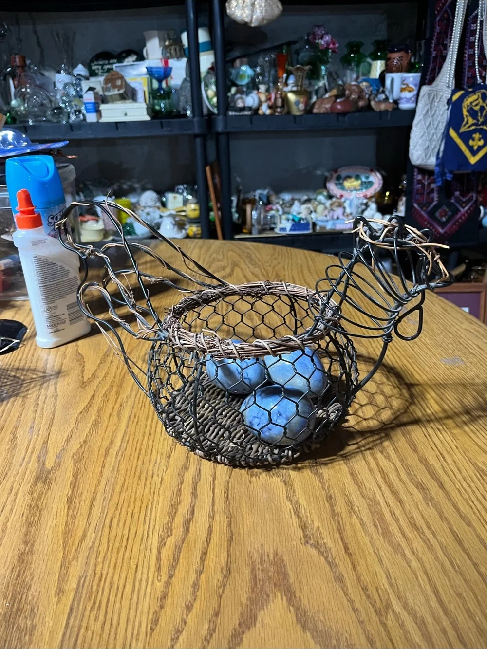 Rustic Wire Basket with Blue Decorative Stone Eggs